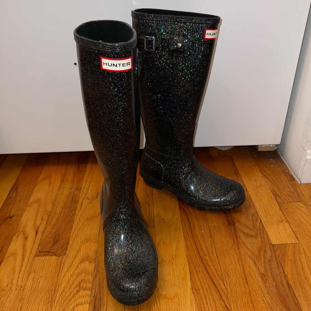 Hunter Black Rain Boots Tall with Glitter Finish